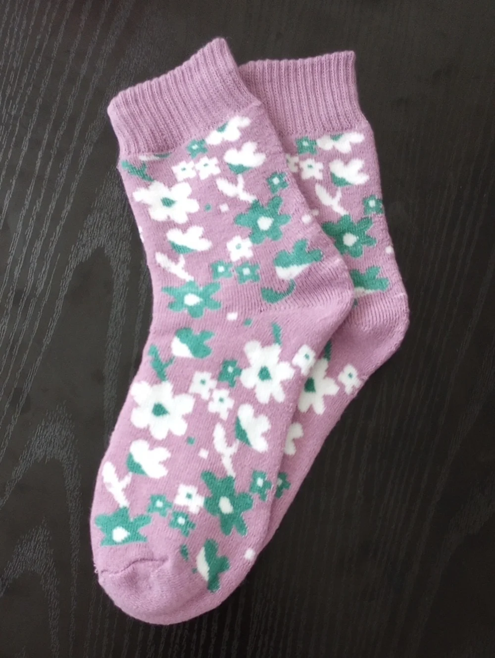 Purple Floral Crew Socks with White & Green Blooms